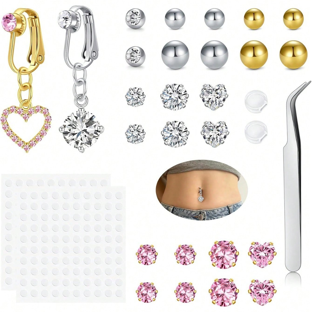 Body Jewelry And Piercing - Altın Renkli Sahte Göbek Piercingi Kübik