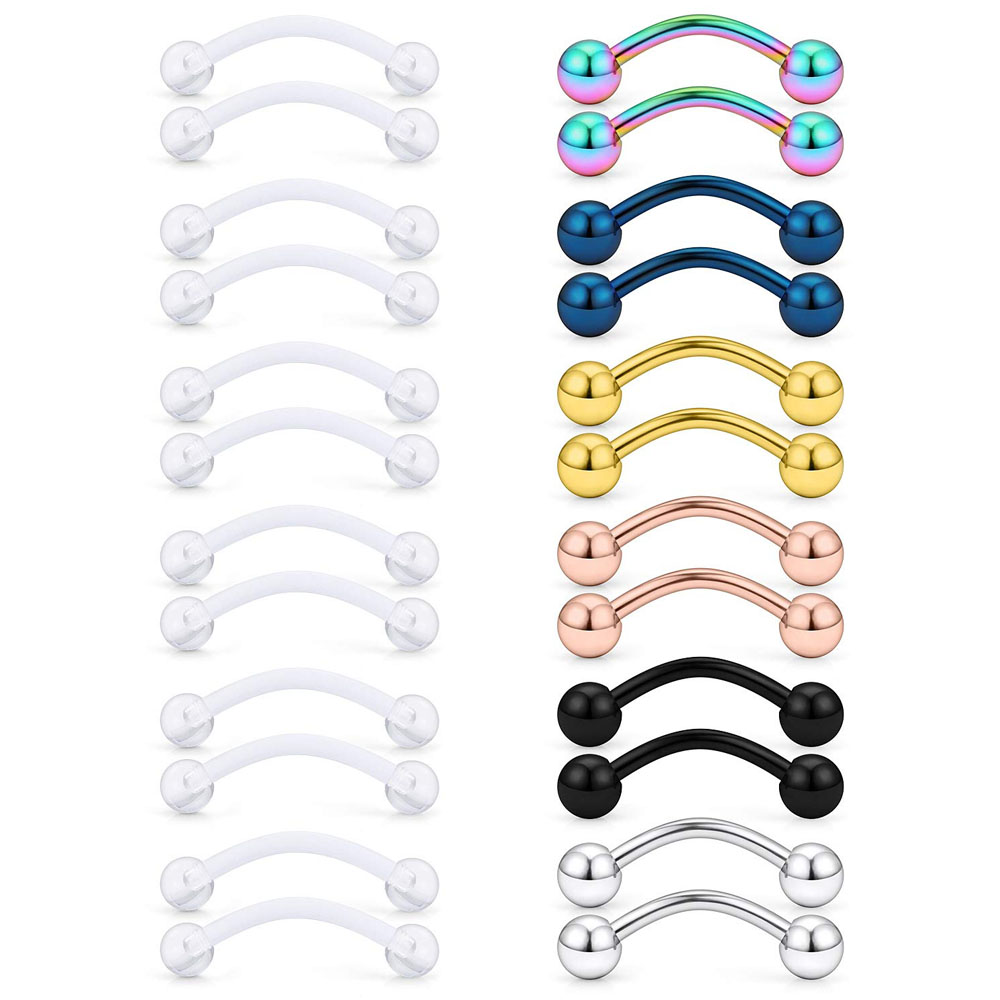 Eyebrow Curved Barbell - 16G şeffaf akrilik Bioflex paslanmaz çelik